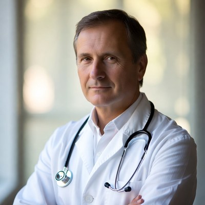 Caring doctor in white coat