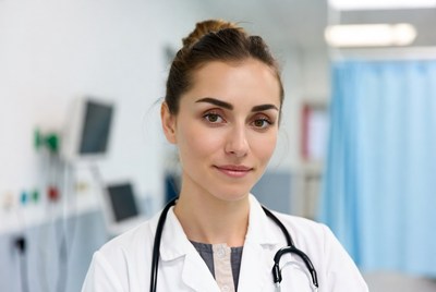 Confident female doctor in hospital setting