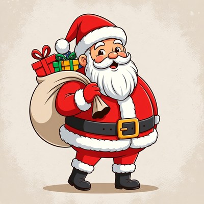 Santa claus carries gifts cheerfully