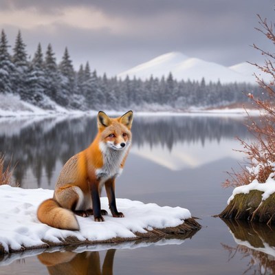 Fox by a snowy lake