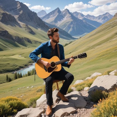 Musician playing guitar in nature