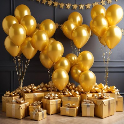 Golden balloons and gift boxes celebration