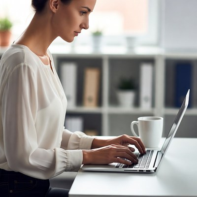 Focused woman working on laptop