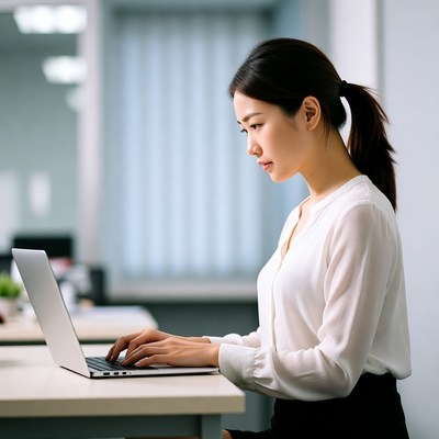 Focused woman working on laptop