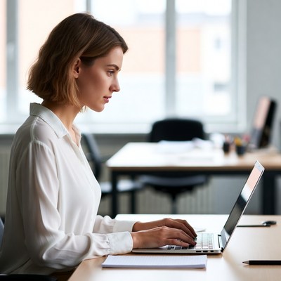 Woman working at laptop in office