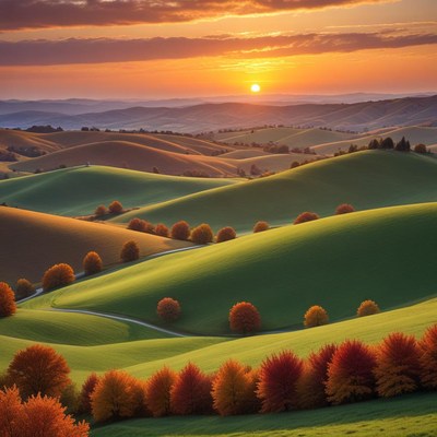 Vibrant sunset over rolling hills
