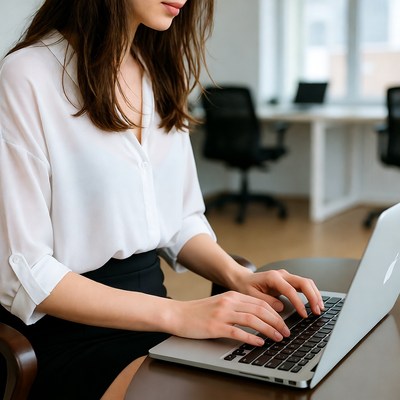 Woman typing in modern office space