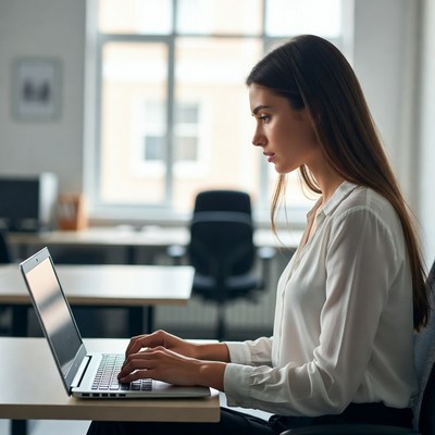 Focused woman working on laptop