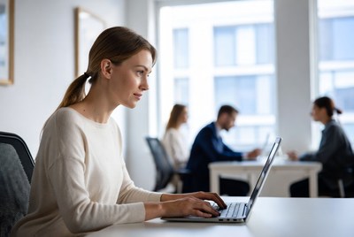 Woman working on laptop in office setting