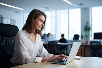 Focused woman working at office desk