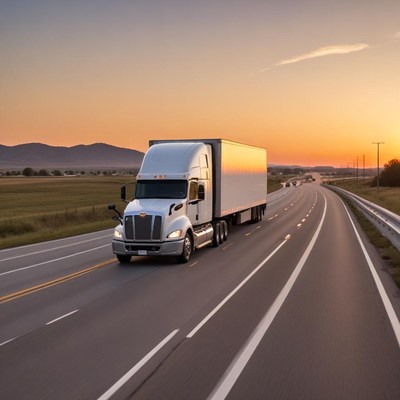 Trucking on an open highway at sunset