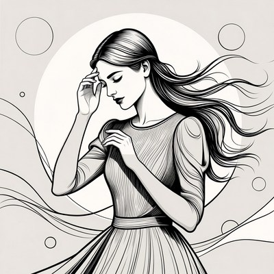 Woman in flowing dress with flowing hair