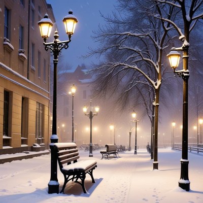 Snowy park in evening light