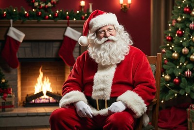 Santa claus beside warm fireplace