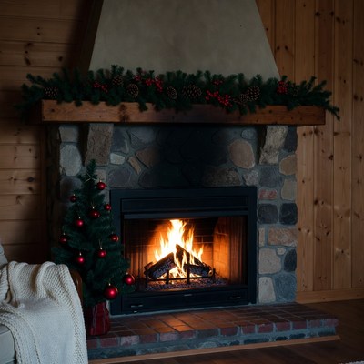 Cozy fireplace in a rustic cabin