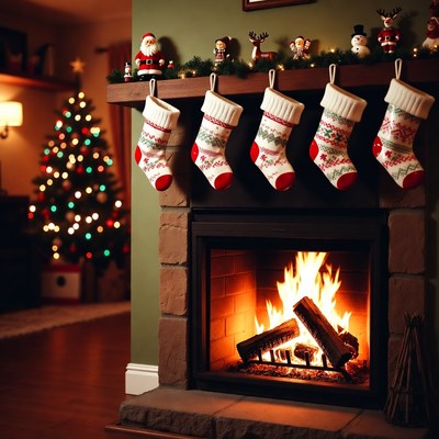 Cozy christmas fireplace scene with stockings