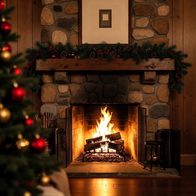 Cozy fireplace adorned for christmas