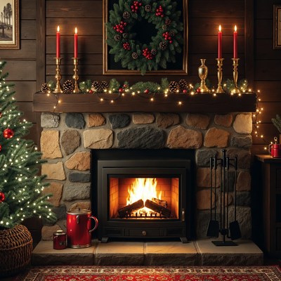 Cozy winter fireplace scene at home