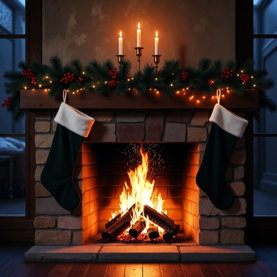 Warm holiday fireplace setting with stockings