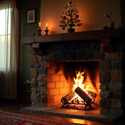 Cozy fireplace with holiday tree