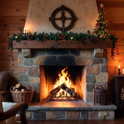 Cozy fireplace with festive decorations