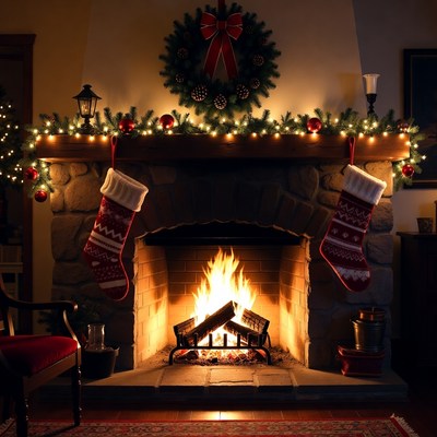 Cozy fireplace decorated for christmas