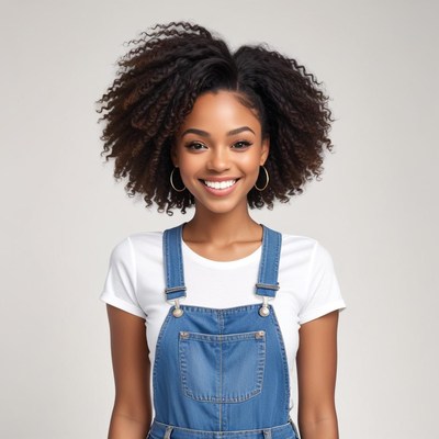 Smiling woman with curly hair in denim