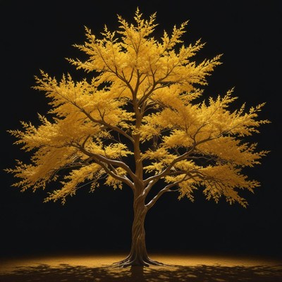 Golden tree illuminated in darkness