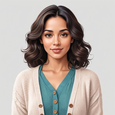Woman with curly hair and cardigan