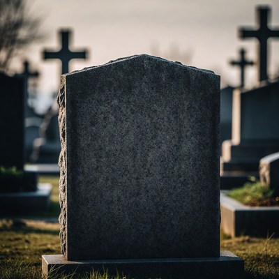 Gravestone in a cemetery at sunset