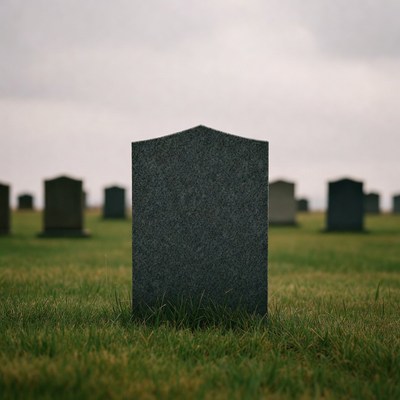 Dark gravestone in grassy cemetery