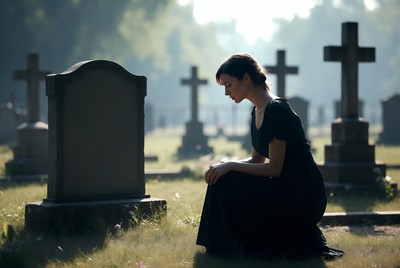 Woman mourning in a cemetery