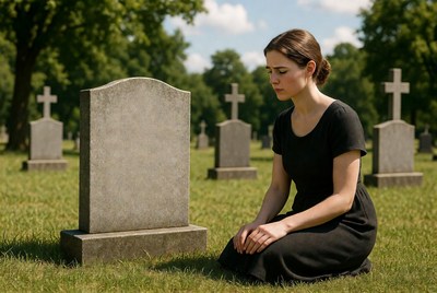 Woman mourning by gravestone in cemetery
