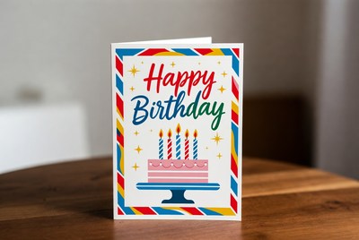 Colorful birthday card display on table