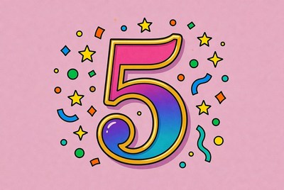 Colorful number five on pink background