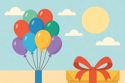 Colorful balloons and gift under sun