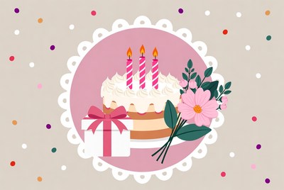 Celebration cake with flowers and gift