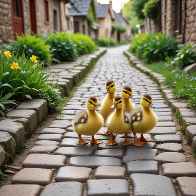 Ducklings stroll down cobblestone path