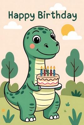 Cute dinosaur celebrating birthday in park