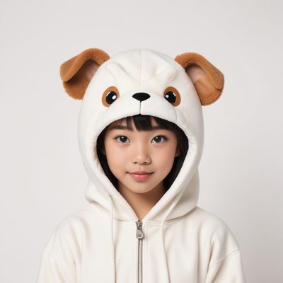 Child in playful dog-themed hoodie