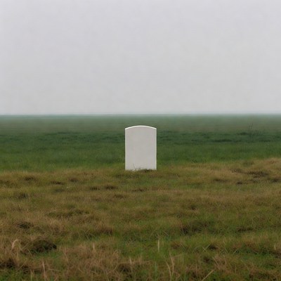 White grave marker in foggy field