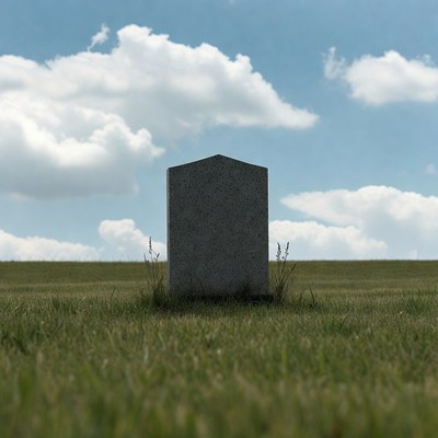 Grave marker in peaceful field