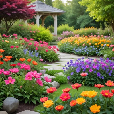 Beautiful spring flower garden scene