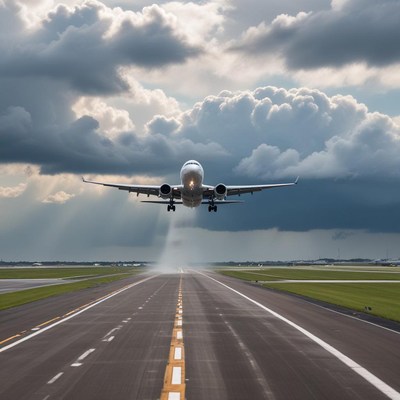 Airplane landing under stormy clouds