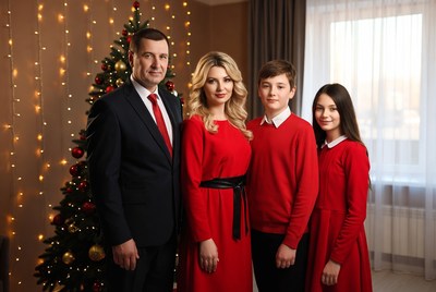 Family poses by christmas tree
