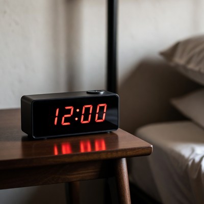 Clock displays midnight on bedside table