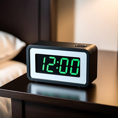 Digital clock on nightstand displaying time