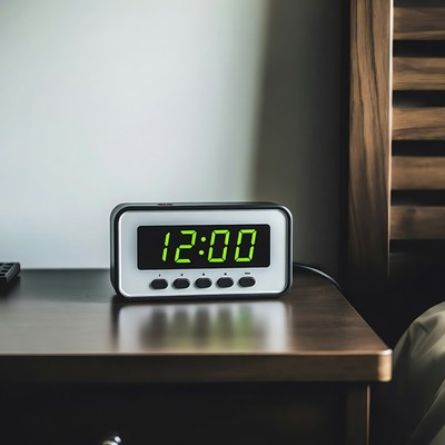 Digital clock on bedside table