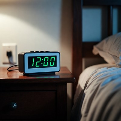 Green clock on bedside table at midnight
