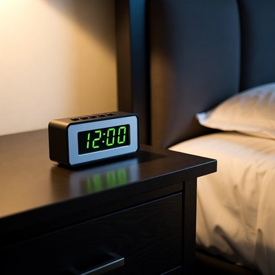Digital clock on bedside table